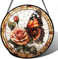 Rose Butterfly Stained Glass Window Hanging Suncatcher Gift for Women 15" by DASTOLL