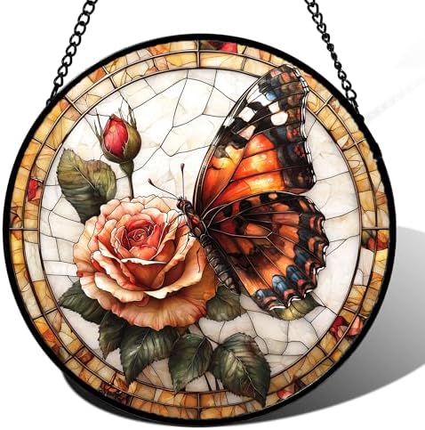 Rose Butterfly Stained Glass Window Hanging Suncatcher Gift for Women 15" by DASTOLL