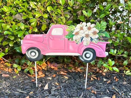 Garden Stake Vintage Truck W Flowers Metal Colorful Lawn Yard Entry Spring Summer Outdoor Decor Home Business 18"x18" (Pink Truck) - Image 2