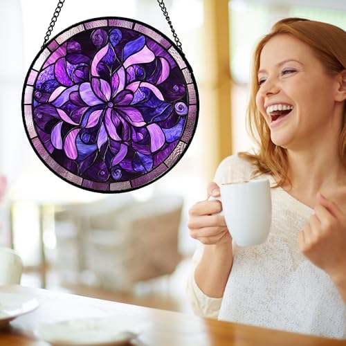 Purple Abstract Flower Stained Glass Window Hanging Suncatcher Gifts 12" - Image 3