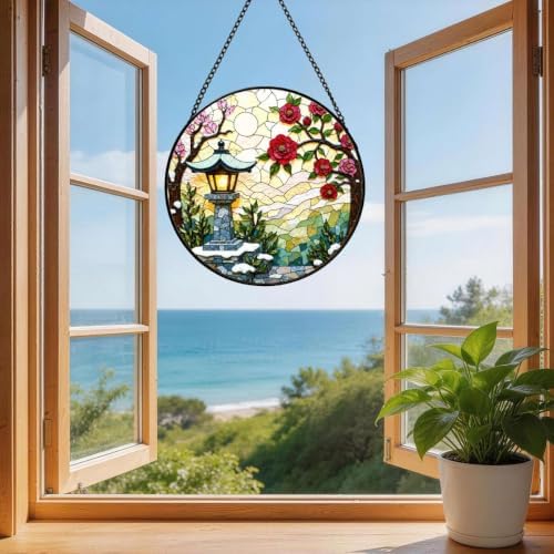 Stained Glass Suncatcher Asian Garden Lantern Window Hanging Red Floral Art Decor Gift for Mom Housewarming Unique Home Ornament Indoor Outdoor Window Panel Gift (Mixed,11.8x11.8IN) - Image 3