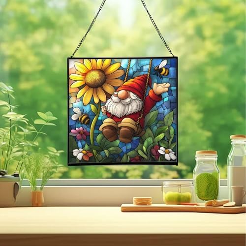 Gnome and Daisy Swing Stained Glass Suncatcher – Square Hanging Window Panel for Home or Greenhouse – Whimsical Glass Art Gift for Garden Lovers, Christmas, Halloween, Father Days T6RMkB - Image 2