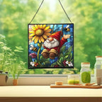 Gnome and Daisy Swing Stained Glass Suncatcher – Square Hanging Window Panel for Home or Greenhouse – Whimsical Glass Art Gift for Garden Lovers, Christmas, Halloween, Father Days T6RMkB - Image 2