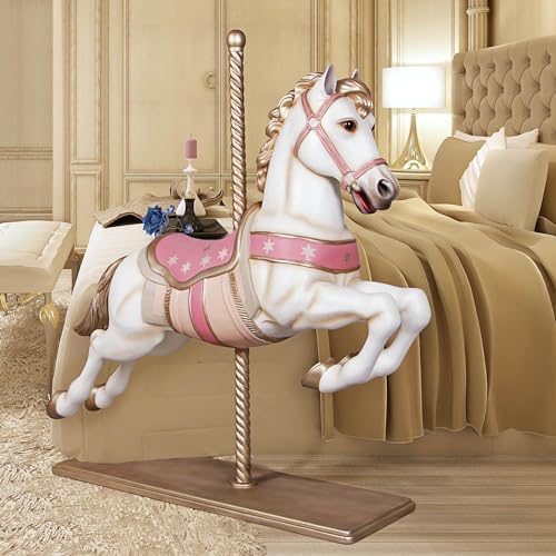 Design Toscano Carousel Horse Vintage-Style Merry Go Round Indoor Statue, Full-Size, 57 inches Tall, Fiberglass Cast Stone Resin, White & Pink Paint - Image 2