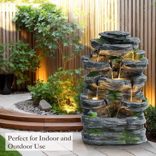 Rock Outdoor Water Fountain, 7 Tiered Waterfall Fountains with LED Lights, Floor Waterfalls Outside, Modern Cascading Flow Rock Fountain for Garden, Yard, Patio, Home Decor - Image 3