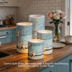 Flickering Flameless Candles 4 Pieces Set, LED Pillar Candles with Timer Battery Operated Tea Lights for Coastal Decor, Beach Starfish with Blue Wood Grain - Image 4