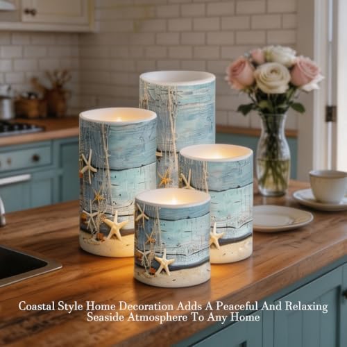Flickering Flameless Candles 4 Pieces Set, LED Pillar Candles with Timer Battery Operated Tea Lights for Coastal Decor, Beach Starfish with Blue Wood Grain - Image 4