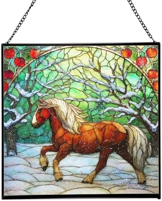 Brown White Icelandic Horse cantering through winter orchard Square Suncatcher–Stained Glass Style Window Panel with Pastoral Scene, Custom Decorative Hanging Art for Equestrian Home, Christmas CamhTa by Custom