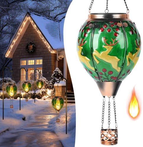 Solar Powered Hot Air Balloon Lantern - Reindeer Glass Lantern, Simulated Flickering & Dancing Flame, Outdoor Hanging Yard Light Waterproof IP65 for Patio Lawn Porch Christmas Decor Gift by Unknown