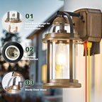 OKELI Dusk to Dawn Outdoor Wall Lights with GFCI Outlet, Waterproof Rustic Farmhouse Wall Lanterns with Clear Glass Shades, Anti-Rust Outside Fixture Lights for Garage Patio Porch, Wood Grain, 2 Pack - Image 4