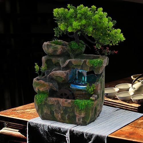 Rockery Water Fountain, Creative Feng Shui Wheel Waterfall with Reliable Circulating Pump and Color-Changing LED Lights, Compact Desktop Decor for Living Room, Office, Bedroom Ambiance - Image 4