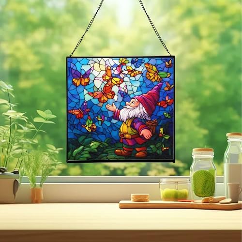 Gnome with Butterfly Friends Stained Glass Suncatcher – Square Hanging Window Panel for Home or Greenhouse – Whimsical Glass Art Gift for Garden Lovers, Christmas, Halloween, Father Days hacxzw - Image 2