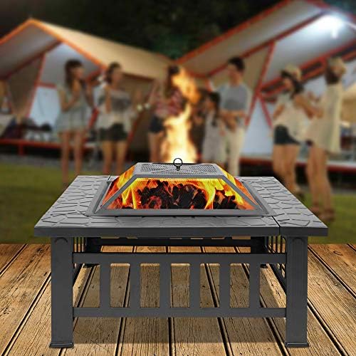 Outvita 32in Fire Pit Table, Outdoor Square Metal Firepit Table with Fire Bowl, Mesh Cover and Fire Poker for Patio Yard Garden Camping - Image 2
