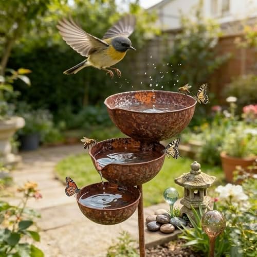 Rain Catcher Bird Bath Tiered, 3 Tiered Rain Catcher Birdbath Copper Patina, Rust Patina Metal Rain Catcher Garden Stake with Water Bowl, Bird Water Bowl Feeder for Yards,Lawns,Gardens Decoration (B) - Image 3