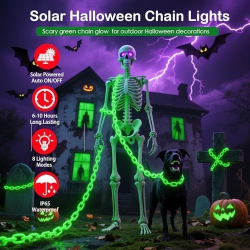 Ohwewant Solar Halloween Decorations Outdoor, 10FT Green Chain String Lights with 8 Modes, Waterproof Halloween Lights Outdoor for Haunted House Party Cosplay Props Skeleton Dog Yard Fence - Image 2