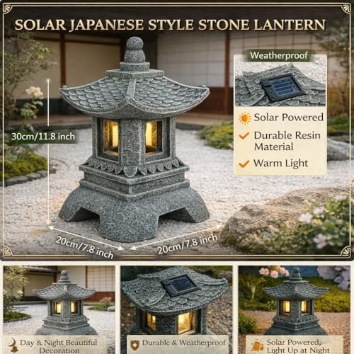 11.8 Inch Resin Zen Garden Statue Light, Solar Asian Pagoda Lantern Outdoor, LED Decorative Pathway Light for Patio Yard Lawn, Ideal for Oriental Garden Decor, Meditation Decor, Housewarming Gift - Image 5