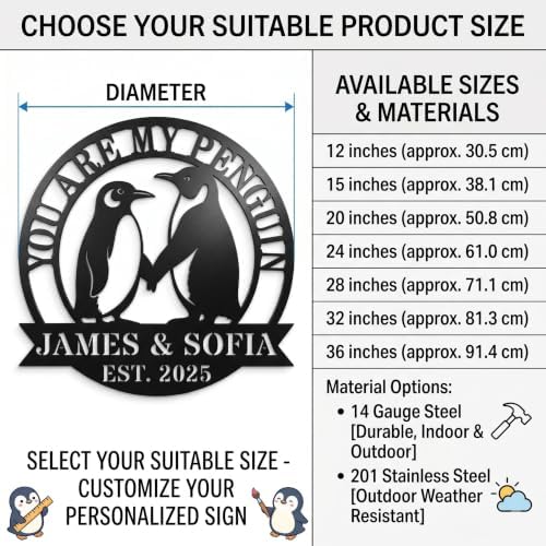 Personalized Penguin Metal Sign，Personalized Valentines Day Gifts，Custom Name Wall Fence Yard Patio, Home Office Decor， Metal Wall Art Decor,Home Metal Signs Plaques,Outdoor wall Decorative Signage12 - Image 4