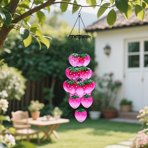 Glass Strawberry Wind Chimes - Hand-Painted Glass Strawberry Suncatcher for Window,Outdoor Garden Decor,Colorful Strawberry Ornaments Hanging Wall Art for Patio,Unique Memorial Gifts for Women & Mom - Image 2