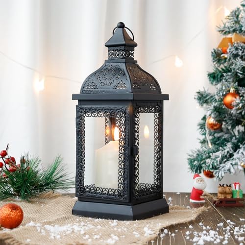TRIROCKS Rustic Style Metal Candle Lantern 13'' High Decorative Outdoor Lantern Candle Holder with Tempered Glass for Christmas Living Room Garden Patio Parties Indoors Outdoors (Black) - Image 2