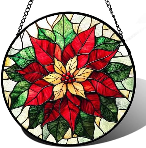 Red Poinsettia Stained Glass Window Hanging Suncatcher Gifts for Women 9.8" by amderven