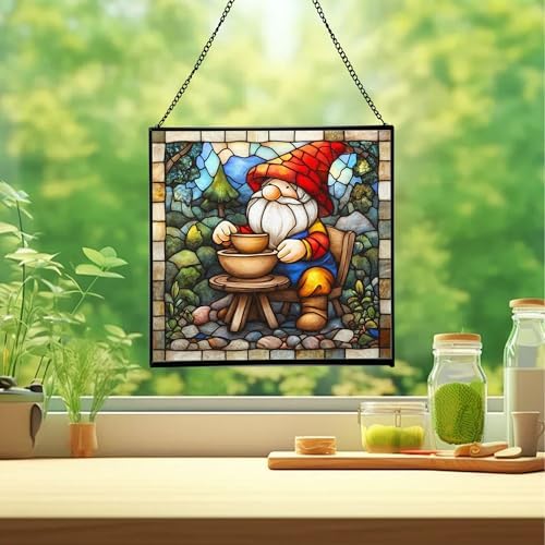 Gnome with Pottery Stained Glass Suncatcher – Square Hanging Window Panel for Home, Garden, Nursery, Halloween, Christmas, Memorial Day – Whimsical Glass Art Gift for Gnome Lovers pcknl0 - Image 2