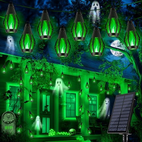 iBaycon 42FT 15 LED Solar Flame Halloween String Lights Outdoor, Green by iBaycon
