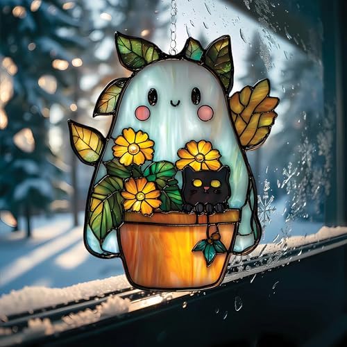 Cute Ghost Monstera & Cat Acrylic Suncatcher - Faux Stained Glass Indoor Window Hanging Ornament, Outdoor Sun Catcher Panel, Home Decor Gift for Ghost Lovers by Unknown