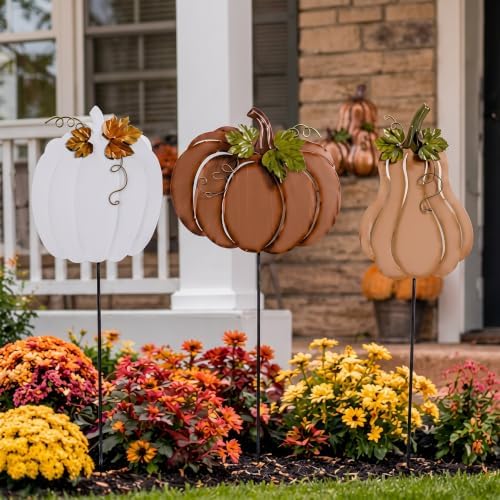 Hicarer 3 Pcs Fall Outdoor Decor Metal Pumpkin Yard Stakes Autumn Harvest - Image 6