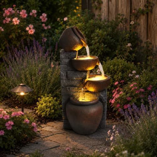 4-Tier Cascading Pot Outdoor Fountain with LED Lights by MakensGardenSupply