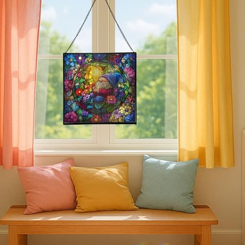 Floating Bubble Nest Gnome Stained Glass Suncatcher – Square Hanging Window Panel for Home or Greenhouse – Whimsical Glass Art Gift for Garden Lovers, Christmas, Halloween, Father Days 7tJsym - Image 5