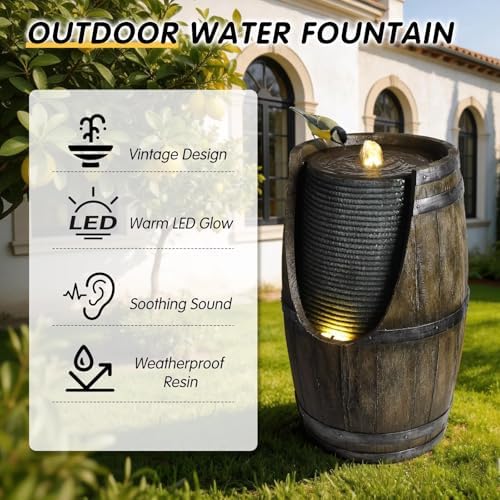 24.8'' Wooden Barrel Style Outdoor Water Fountain with LED Lights Resin Rustic Garden Waterfall Decor Farmhouse Garden Water Fountain for Patio Porch Yard - Image 4