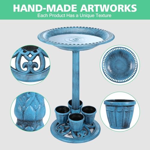 Bird Bath for Outside with 4 Removable Flower Planters 28in Polyresin Lightweight Vintage Birdbath for Outdoors Stake Standing Bowl and Water Feeder Yard Garden Decor Blue - Image 5