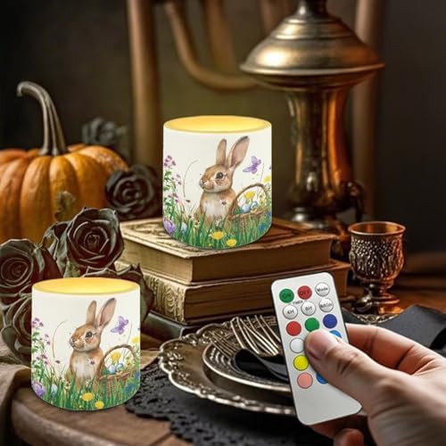 4 Pack Floral Bunny Flameless Candles with 18-Key Remote Battery Operated Candles with Timer Easter Day Flickering LED Elictric Pillar Tealights for Living Room Bedroom Home Decor - Image 4