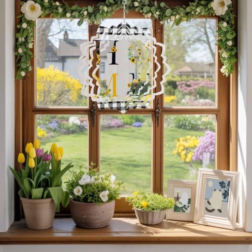 12 Inch Farmhouse Sunflower Wind Spinner for Yard and Garden, Yellow Black Floral Buffalo Plaid Hanging Ornaments Outdoor 3D Kinetic Wind Sculpture Spinners Indoor Outdoor Patio Décor Ornaments Gift - Image 5