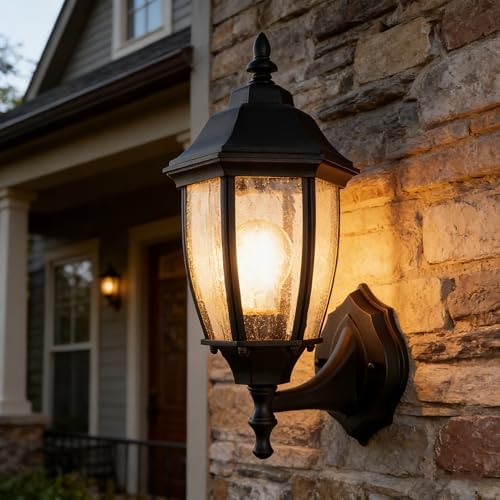Outdoor Wall Lantern, 14 Inch Porch Light Fixture Seed Glass Shades. by LPRZSG