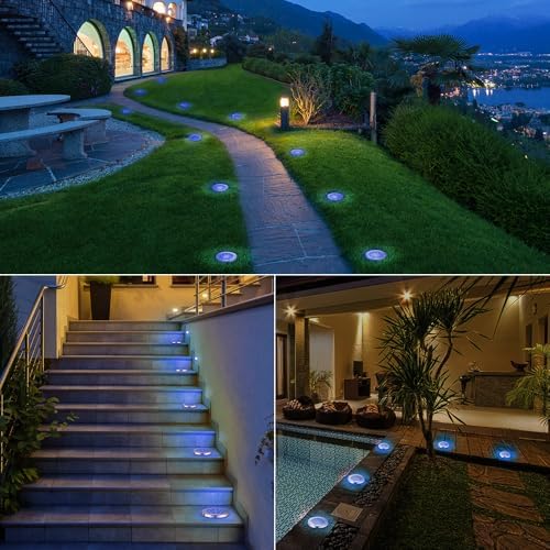 LYHOPE Solar Ground Lights Outdoor, 16 Pack 8 LED Solar Disk Lights Waterproof Garden In-ground Pathway Lights Landscape Lighting for Lawn,Yard,Deck,Patio,Walkway (Blue) - Image 2
