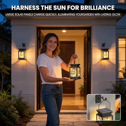 2 Pack Farmhouse Solar Lanterns , Water Ripple Glass & Copper Wire Flickering Light,Outdoor Waterproof Upgraded Solar and 2 AA Batteries Powered, for Outside Porch, Patio and Indoor Tables. - Image 5