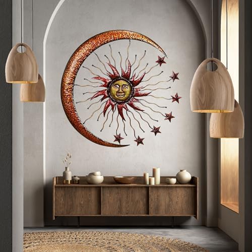 Bellaa Metal Wall Art Sun Moon Stars Celestial Indoor Outdoor Hanging Garden 3D Sculpture Retro Plaques Home Decor Large 36 inch - Image 2