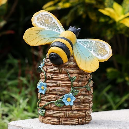 Garden Statue Bee Decor-Outdoor Statue Bees Decorations-Solar Garden Light Bumble bee Figurine Patio,Balcony,Yard,Lawn Ornament Mom Gift by Yiosax