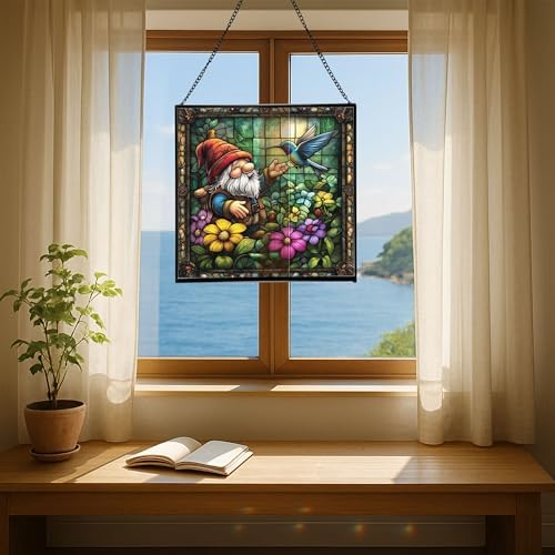 Gnome and Hummingbird Stained Glass Suncatcher – Square Hanging Window Panel for Home or Greenhouse – Whimsical Glass Art Gift for Garden Lovers, Christmas, Halloween, Father Days 78NtZp - Image 6