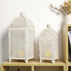 TRIROCKS Large Decorative Candle Lantern Set-16.5''&12'' High Metal Temple Moroccan Lantern Lamp for Home Decorations Living Rooms Gardens Parties Wedding Indoors and Outdoors - White with Gold Brush - Image 6