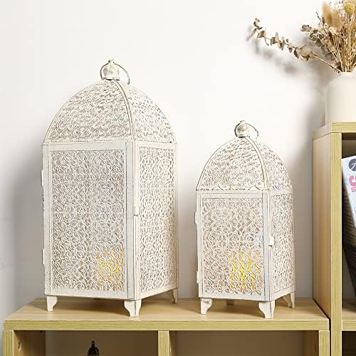 TRIROCKS Large Decorative Candle Lantern Set-16.5''&12'' High Metal Temple Moroccan Lantern Lamp for Home Decorations Living Rooms Gardens Parties Wedding Indoors and Outdoors - White with Gold Brush - Image 6