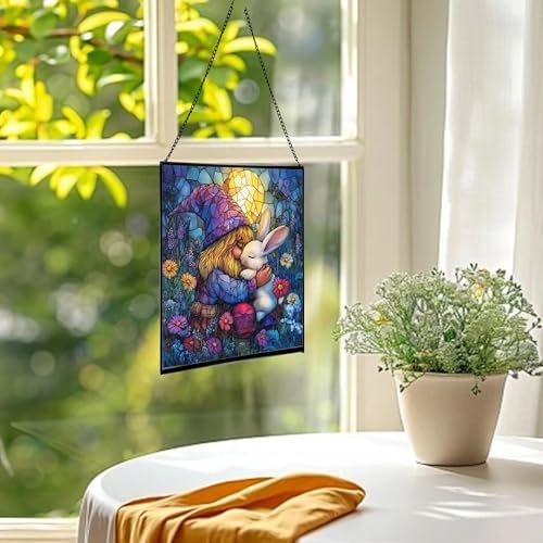 Bunny Friend Gnome Stained Glass Suncatcher – Square Hanging Window Panel for Home or Greenhouse – Whimsical Glass Art Gift for Garden Lovers, Christmas, Halloween, Father Days 44xWTl - Image 3