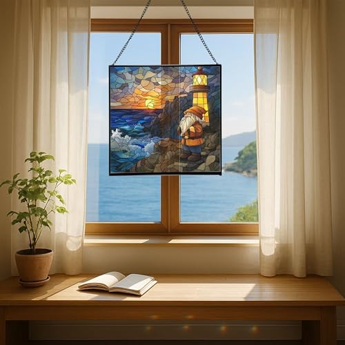 Gnome Lighthouse Keeper Stained Glass Suncatcher – Square Hanging Window Panel for Home or Greenhouse – Whimsical Glass Art Gift for Garden Lovers, Christmas, Halloween, Father Days 1JufKK - Image 6