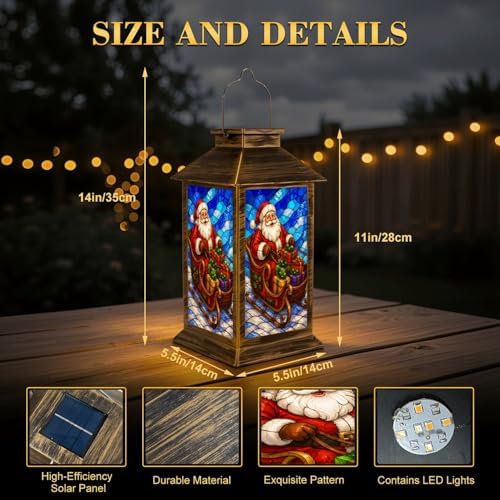 Solar Lantern Outdoor Waterproof Stained Glass Santa Claus Colorful Gift Boxes Sleigh Garden Decor LED Hanging Solar Lights Tabletop Lamp Gifts for Women Mom Outside Yard Patio Porch - Image 2