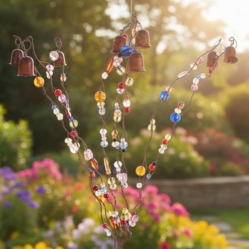 Novabright Whimsical Bead and Bell Tree Yard Stake 40 Inch H 12 Arm Bead Art Garden Decoration Handmade Rustic Metal Decorative Yard Stake for Women Gift Party Decor - Image 4