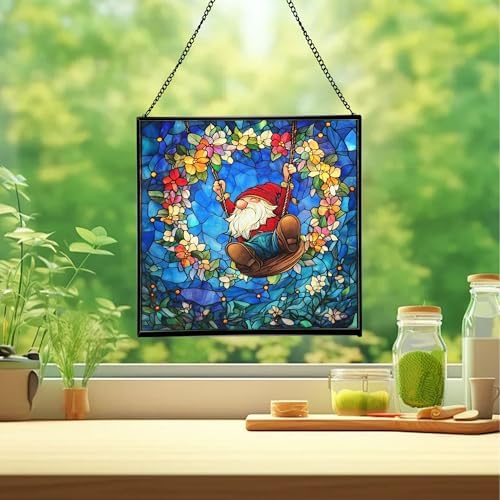 Wreath Swing Gnome Stained Glass Suncatcher – Square Hanging Window Panel for Home or Greenhouse – Whimsical Glass Art Gift for Garden Lovers, Christmas, Halloween, Father Days bAVpEF - Image 2