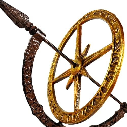 Urbalabs Iron Cast Hand Painted Golden Armillary Sundial Bronze Housing and Gold Painted Metal Disk Roman Numerals Compass Base Garden Themed Metal Decor Indoors Or Outdoors Iron Heavy-Duty - Image 5