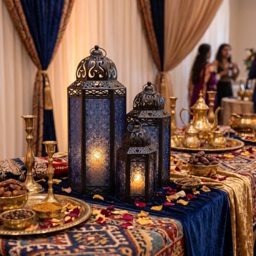 VELA LANTERNS Set of 3 Cobalt Blue Glass & Black Metal Moroccan Candle Lantern Holders (XL, Large, Small) - Decorative Indoor/Outdoor Decor for Patio, Floor, Weddings & Ramadan - Image 3