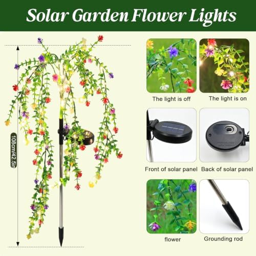 Solar Garden Lights Outdoor Waterproof, 4 Pack Solar Flower Lights Outdoor with Multicolor Eucalyptus Flowers & 2 Lighting Modes, Decorative Solar Lights Outdoor for Yard Patio Lawn Decor, Gifts - Image 2